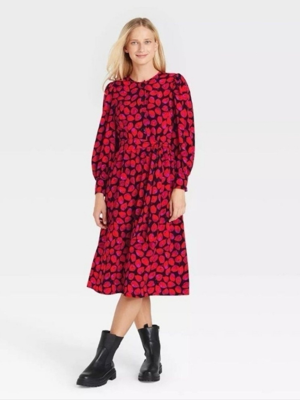 Who What Wear Red Leaf Print Bubble Puff Long Sleeve Midi Dress Size M NWT